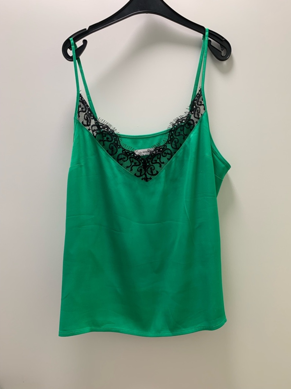 Reserved Green Satin Cami with Black Lace Trim